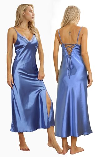 Image of ALCEA ROSEA Women Silk Satin Nightgown Sexy Lace Chemise Lingerie Long Sleepdress for Ladies Sleepwear Slip Negligee