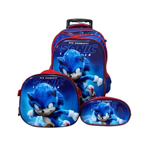 Kit Mochila 3D de Rodinha Infantil Estampa Ouriço Azul – Escolar Resistente Estilo Game 3 Peças