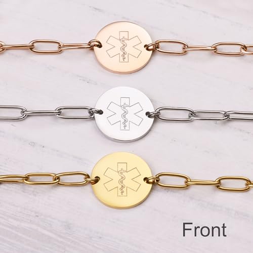Medical Alert ID Bracelet for Women, Paperclip Adjustable Customized Medic Jewelry 18k Gold Rose Silver, Personalized Engraving, Hypoallergenic Waterproof, Includes Gift Box & Med ID Wallet Card4