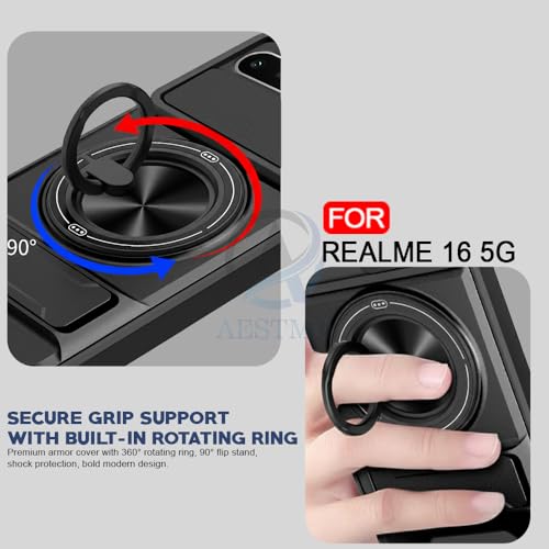 Image of AESTMO Realme 16 5G Back Cover | Armor Camera Slider 360 Degree Rotating Finger Ring Holder Case with Bracket Stand & Camera Protection Back Case Cover for Realme 16 5G (Black)
