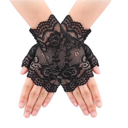 Lufdegim Gants en dentelle pour femme - Mitaines en dentelle - Courts - Pour fête de thé, Halloween, mariage, opéra, danse, cosplay, costume - Accessoires...