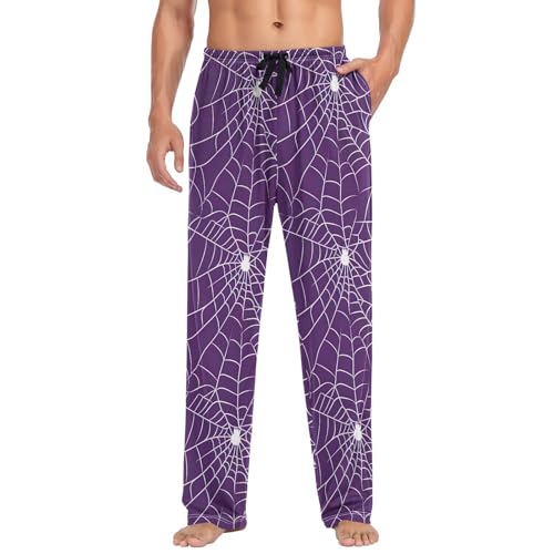 Men’s Halloween Spider Web Pajama Pants with Pockets, Comfortable Lounge Sleep Bottoms#4393