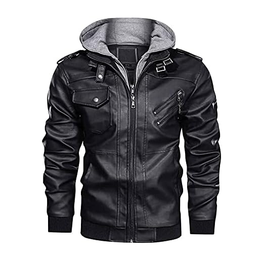 Yokbeer Skinnjacka Herrhuvad Motorcykeljacka I Syntetläder Vadderad Fleecefoder Vinterrockar Varm Vindtät PU -övergångsjacka Dragkedja Bomberjacka Lastjacka Fritidsjacka (Color : Black, Size : S)