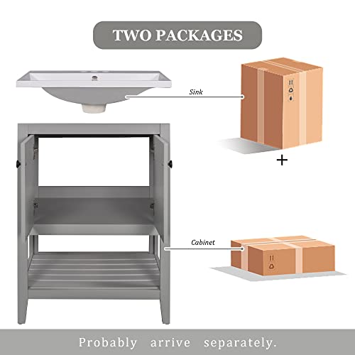 24" Bathroom Vanity Cabinet With Ceramic Sink Top, Open Storage Shelf, Soft Closing Doors, Freestanding, Solid Wood Frame & Mdf Board #TOP7