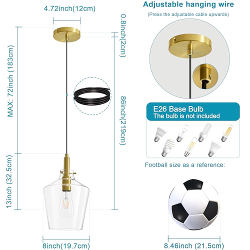 Image of Glass Pendant Lighting for Kitchen Island Entryway 1 Pack Gold Clear 8 Inch