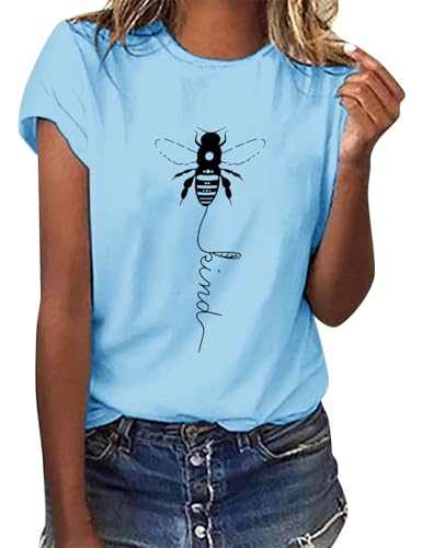 Voqeen Women's Bee Kind T-Shirt Casual Round Neck Short Sleeve Tunic Tops Bee Graphic Pullover Tees Blouse for Outdoor Summer Blue