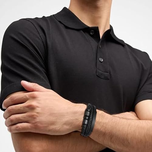 PacuM Pulsera Hombre Cuero Negro Pulsera Cuero Hombre PU Pulseira Homem Acero Titanio Accesorios Moda Tendencia Bracelet Tejido para San Valentín Día Del Padre Regalos Cumpleaños - imagen 6