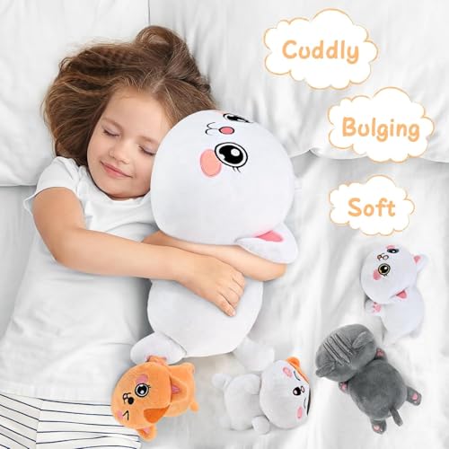 Image of KMUYSL Cat Stuffed Animals Toys for Ages 0 1 2 3 4 5 6 7 8+ Years Old Kids - Mommy Cat with 4 Baby Kitty in Her Tummy, Idea Xmas Birthday Gifts for Baby, Toddler, Girls, Boys