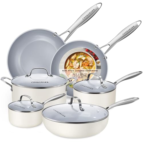 Image of 10-Piece Ceramic Nonstick Cookware Set - PFOA-Free Pots and Pans with Glass Lids, Healthy Cooking Easy Clean, Induction Compatible & Oven Safe, Includes Frying Pan, Saucepan, Stockpot - Cream White