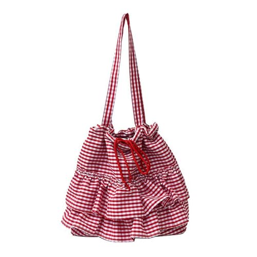 Women's Plaids Print Canvas Bag With Ruffle Trim Casual Shoulder Bag Spacious Interior Underarm Bags For Everyday Use4