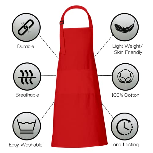 RAJRANG Cotton Chef Apron with 3 Pockets, Red, L-90 X W-69 CM - Image 2