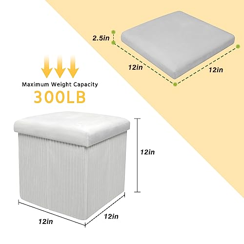 Babion Velvet Storage Ottoman Cube, Folding Tufted Ottoman with Storage Square, Small Foot Rest Ottoman with Foam Padded Seat, White 12 Inches - Thumbnail 3