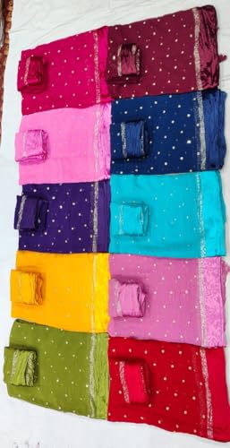 Image of Pure Georgette Sequence Work Saree with Contrast Blouse, Satan Patta Fabric