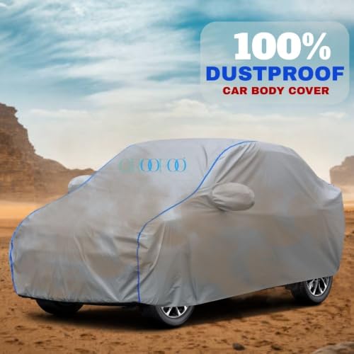 Image of GROOFOO Waterproof Car Body Cover with Mirror Pockets Compatible with Toyota Glanza | Triple Stitch Blue Piping Car Cover UV & Dust Proof All-Weather Protection, Adjustable Buckle (Grey)