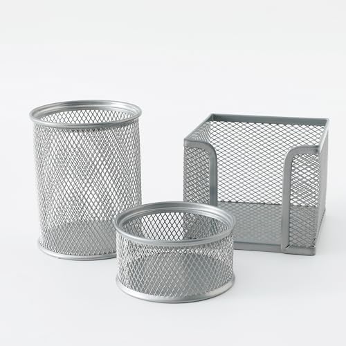 Image of The Better Home Set of 3 Desk Organizers | Metal Mesh Design | Pen Pencil Brush & Clip Holders | Multipurpose Office Supplies Organizer | Table Organizer for Desk | Silver