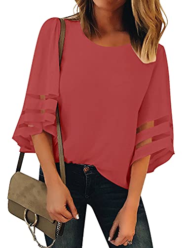 Lookbookstore Women's Crewneck Mesh Panel Blouse 3/4 Bell Sleeve Casual Top Shirt Tea Rose Size Large #TOP14