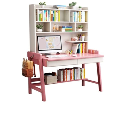 Escritorio de madera maciza con estantería integrada, color rosa, 120 x 60 x 186 cm, ideal para oficina en casa o dormitorio