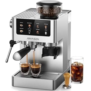 AIRMSEN Espresso Machines with Burr Grinder, 20 Bar, Milk Frother Steam Wand, Stainless Steel Coffee Maker for Home – Cappuccino Latte & ​​Cold Brew​​ Iced Coffee Maker & Americano