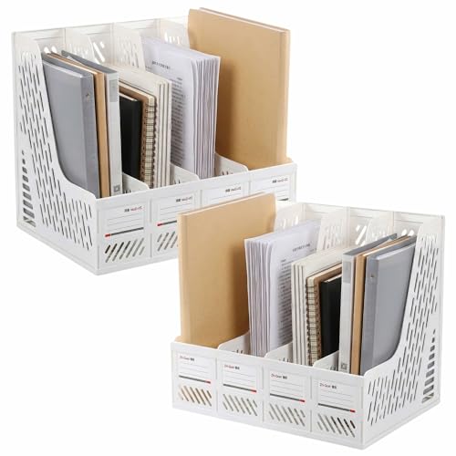 Image of DaKos 4 Compartments File Racks Paper Holder, Desktop Organizers, Letter Organizer, Magazine Book Holder Organizer, Plastic File Rack (Pack of 2) (White)