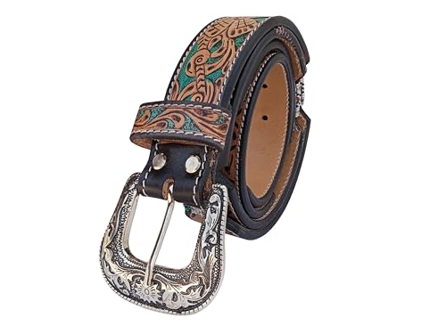 Handcrafted Western Leather Belt Floral Design, Turquoise Paint, Beaded & Accents 30IS0194