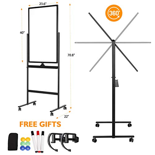 Mobile whiteboard Rolling White Board - 40 x 24 inches Double Sided Rolling Large Reversible Dry Erase Board Easel Free Standing on Wheels with Aluminum Frame and Stand.