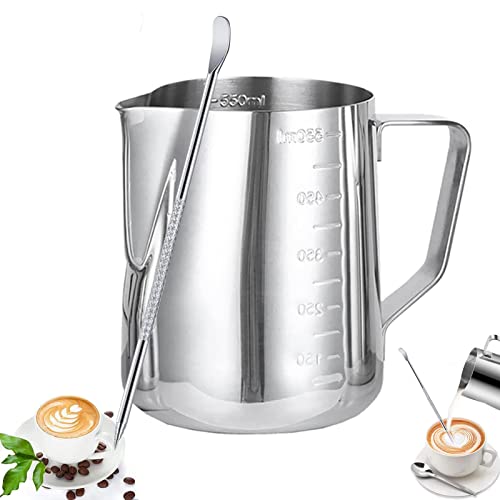 Lohofrnny Bricco per Latte in Acciaio Inox, Tazza di Latte Handheld Caffè Bricco con Marchio di Misurazione e Latte Art Pen Brocca in Schiuma per Produrre Larte del Caffè del Latte Cappuccino (550ml)