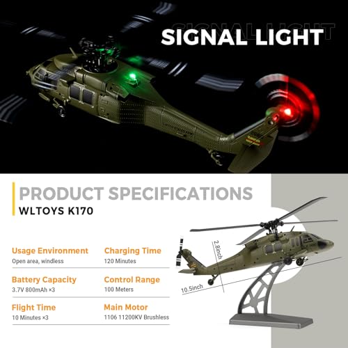 Image of CKYSCHN UH60L Black Hawk RC Helicopter Brushless - 4CH K170 Remote Control Helicopter with 6-Axis Gyro, 2.4G RC Aircraft for Adults Outdoor & 3 Batteries