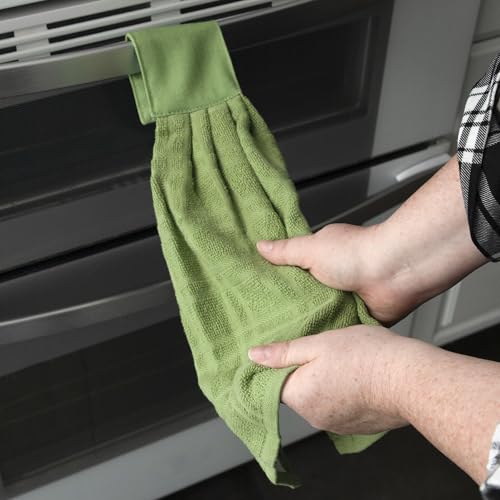 Image of Ritz Premium 100% Cotton Solid and Multi Check Kitchen Tie Towel, Absorbent, Super Soft, and Fast Drying Hang Towel, Set of Two, Cactus Green