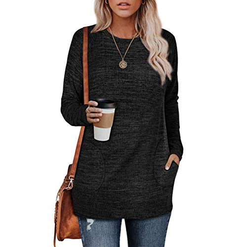 OutTop Women Fall Winter T Shirt Casual Long Sleeve Solid Crewneck Split Hem Loose Cotton Tees Blouse Top Tunic w/Pocket (Black, S)