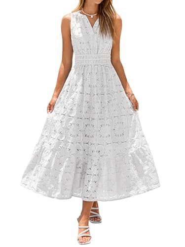 Simplee Women Summer Sleeveless Eyelet Maxi Dress 2026 Lace Casual V Neck A Line Boho Flowy Beach Wedding Guest Long Dresses White M