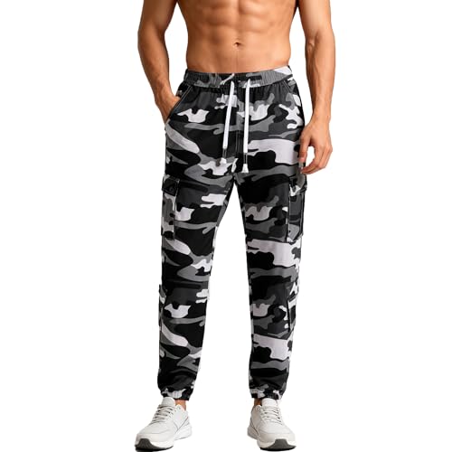 BWBIKE Pantalon Cargo à Taille élastique pour Homme, Pantalon de Jogging de Travail Camouflage à 8 Poches, Pantalon Décontracté en Coton Mélangé...