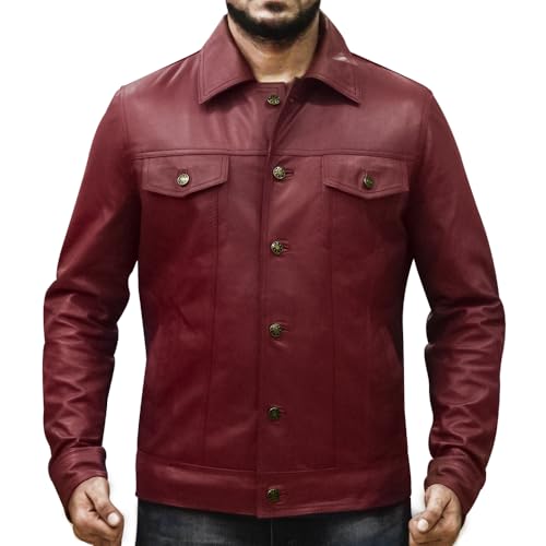 Image of Men's Genuine Leather Trucker Jacket Vintage Motorcycle Black Western Biker Slim Fit Trucker Jacket