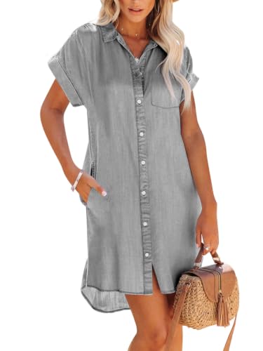 Image of Paintcolors Women's Long Sleeve Silk Denim Button Up Dresses Shirt Tunics Cover-ups Oversized Blouse Tops with Pockets