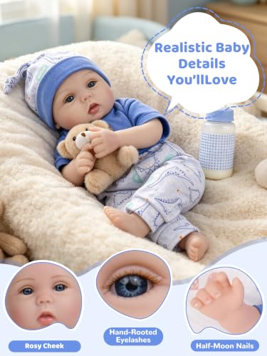 Image of EKOKIZ 18 Inch Reborn Baby Boy Doll - Realistic Blue Eyes Realistic Baby Doll with Dinosaur Outfit, Pacifier & Bottle Gift Set for Kids 3+