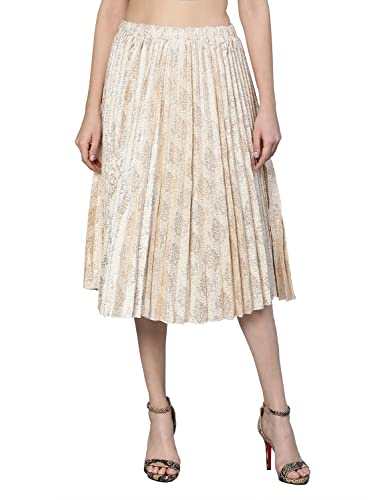 Image of oxolloxo Women Beige Jacquard Printed Pleated & Elasticated Skirt