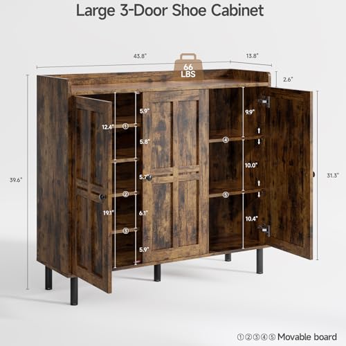Image of ONBRILL Shoe Cabinet with 3 Doors and Adjustable Shelves, 30 Pairs Shoe Storage Cabinet, 40 Inch Tall Farmhouse Shoe Rack Shoe Organizer Cabinet for Entryway Living Room Closet, Rustic Brown