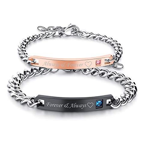 Cupimatch 2pcs CZ His and Hers Couple Bracelets Set, Adjustable Titanium Stainless Steel Always & Forever Forever & Always Love Matching Bracelet Link Jewelry Set,Black Cover