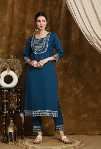 Image of Amazon Brand - Tavasya Women Rayon Straight Kurta Pant Dupatta Set | Embroidered Ethnic Suit Set | Regular Fit Kurta with Pant & Dupatta