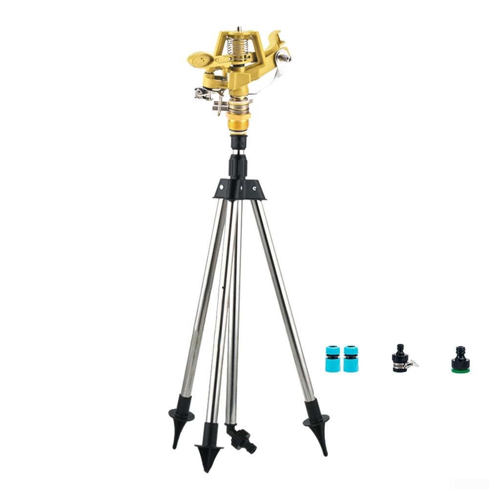 Brass Rotary Garden Sprayer, Heavy Duty Irrigation Tripod with Adjustable Height Base, 360 Degree Rotating For Sprinkler Stand for Large Area Lawn Watering System