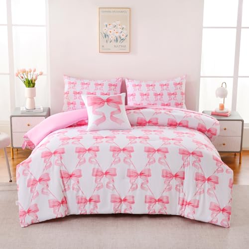 Image of DORCAS Bow Comforter Set Full Bed in A Bag for Girls,6 Pieces Pink Bow Bedding Sets with Sheets for Kids