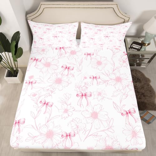 Pink Bow Full Size Fitted Sheet,Natural Rustic Daisy Flowers Hand