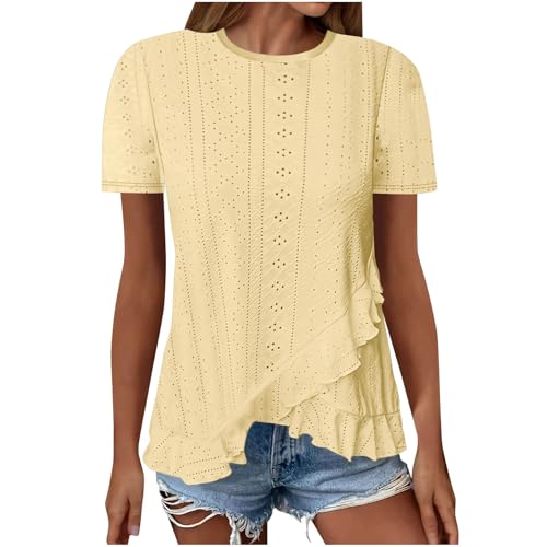 Tshirt Damen T Shirt mit Unregelmäßiger Saum Sommer Öse Stickerei Tunika Kurzarm Rüschensaum Bluse Lässig Aushöhlen T-Shirt Atmungsaktiv Einfarbig Longshirt Leichte Oberteile Damenbluse