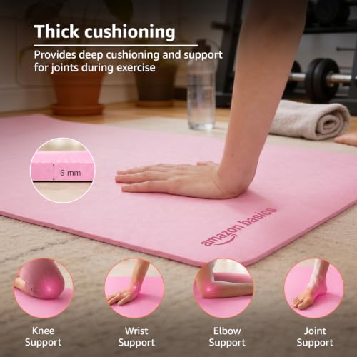 Image of Amazon Basics TPE Yoga & Exercise Mat | 6 mm Thick | Non-Slip Grippy Surface | Lightweight & Durable Rubber-Like Material | Floor Protection | Ideal for Yoga, Pilates, Stretching & Fitness | 180 x 61 cm | Pink