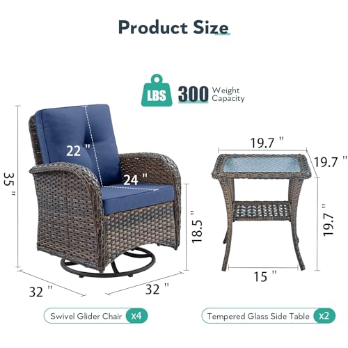 Outdoor Swivel Glider Rocker Chairs Set of 4 - Wicker Patio Furniture Set All Weather Patio Conversatio Sets with 2 Tempered Glass Side Table for Deck Backyard - Brown Wicker Blue Cushion - Image 3
