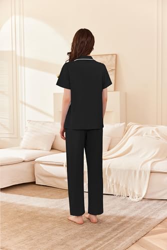 Image of Ekouaer Women's 100% Cotton Pajamas Set Short Sleeve Button Down Pjs 2 Piece Soft Sleepwear with Long Pants Lounge Set