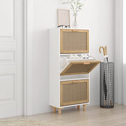 Gabinete de almacenamiento de ratán con 3 cajones abatibles y patas de madera, estante de entrada independiente para pasillo (blanco)