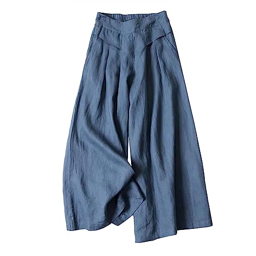 Palazzo Culotte Pantalon pour femme, jupe-short évasée en lin, taille haute, infroissable, pour voyage et centres de villégiature, bleu marine, XXL