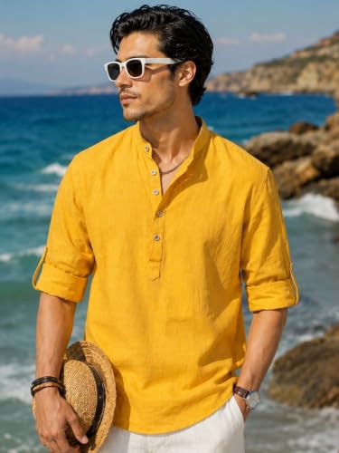 Image of Majestic Man Men's Pure Cotton Solid Mandarin Collar Slim Fit Roll-Up Sleeves Short Kurta Lightweight Summer Kurta for Daily & Occasion Use