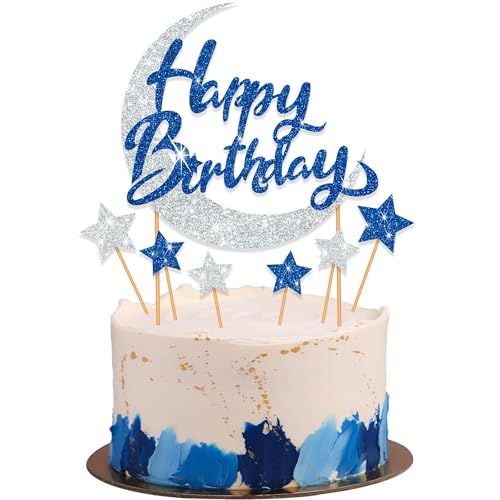 Adornos Tartas Luna, 7 Piezas Luna Pasteles Toppers, Fiesta Luna Cake DecoracióN, Luna Cake Adornos, Estrella Pasteles DecoracióN, Azul y Plateado, para Fiestas de Cumpleaños