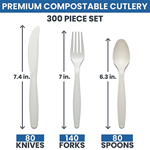 Vallo 100% Compostable Cutlery Set - Forks, Spoons, Knives [300 Utensils] - Premium Eco-Friendly Disposable Cutlery, Biodegradable Alternative To Plastic Silverware, Durable and Heat Resistant [7 in.]